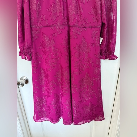 NWT Maggy London Women’s Fuschia Nila Chiffon Lace Bishop Sleeve Dress Size 16 - Picture 2 of 10